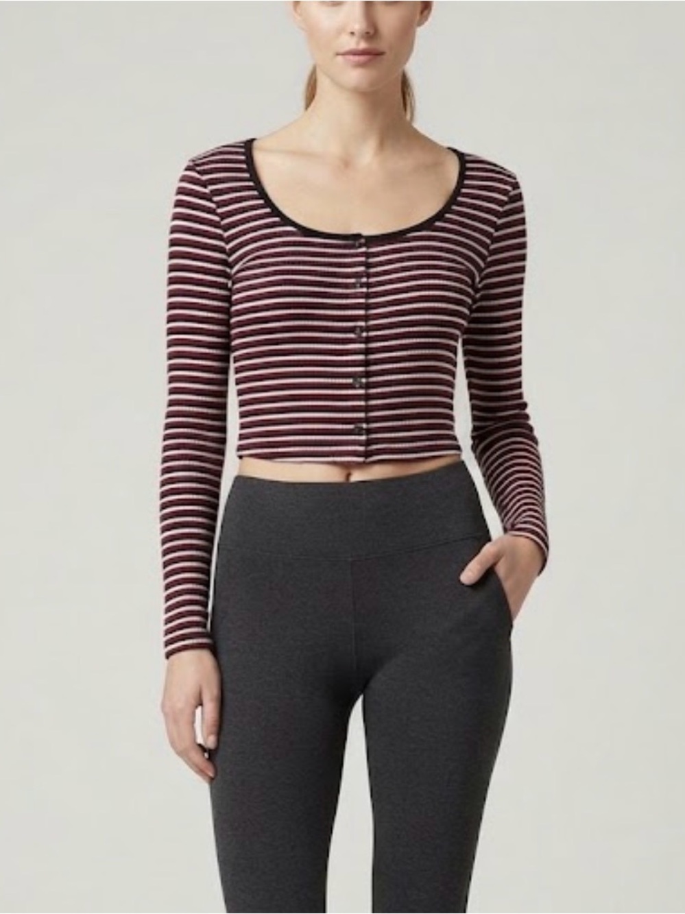 Caution To The Wind Burgundy, Black & White Striped Long Sleeve Button Crop Top